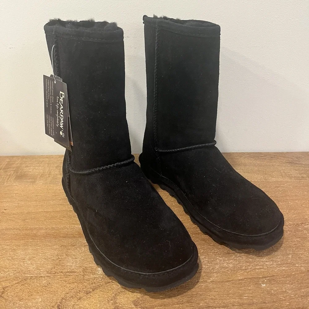NEW Bearpaw Elle Short 1962W Black Suede Sheepskin Boots Women's Size 7 NWT Box